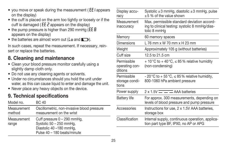 Cleaning and maintenance, Technical specifications | Beurer BC 40 User Manual | Page 25 / 104