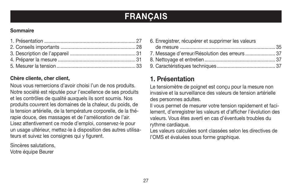 Français, Présentation | Beurer BC 40 User Manual | Page 27 / 104