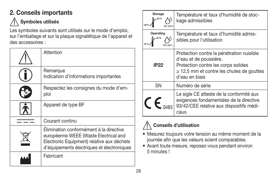 Conseils importants | Beurer BC 40 User Manual | Page 28 / 104