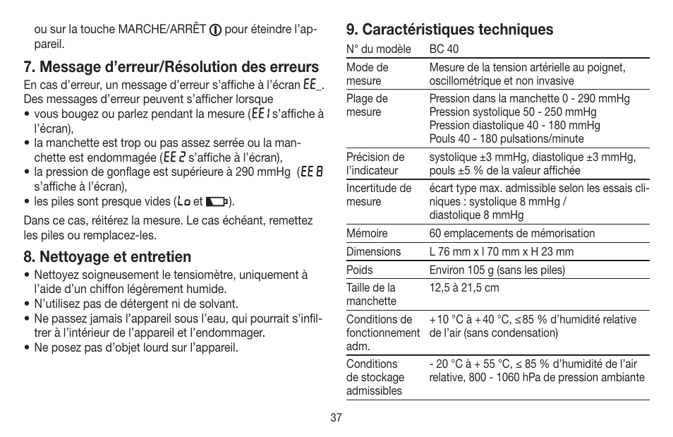 Message d’erreur/résolution des erreurs, Nettoyage et entretien, Caractéristiques techniques | Beurer BC 40 User Manual | Page 37 / 104