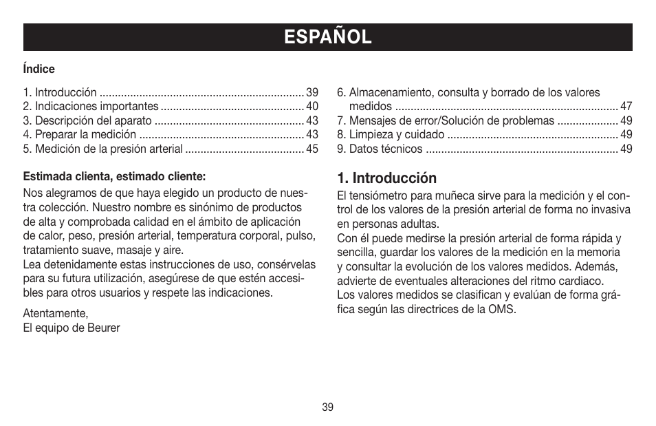 Español, Introducción | Beurer BC 40 User Manual | Page 39 / 104