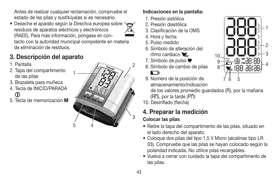 Descripción del aparato, Preparar la medición | Beurer BC 40 User Manual | Page 43 / 104
