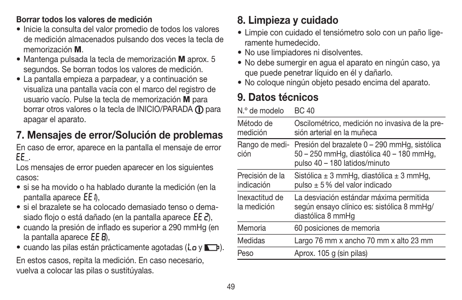 Mensajes de error/solución de problemas, Limpieza y cuidado, Datos técnicos | Beurer BC 40 User Manual | Page 49 / 104