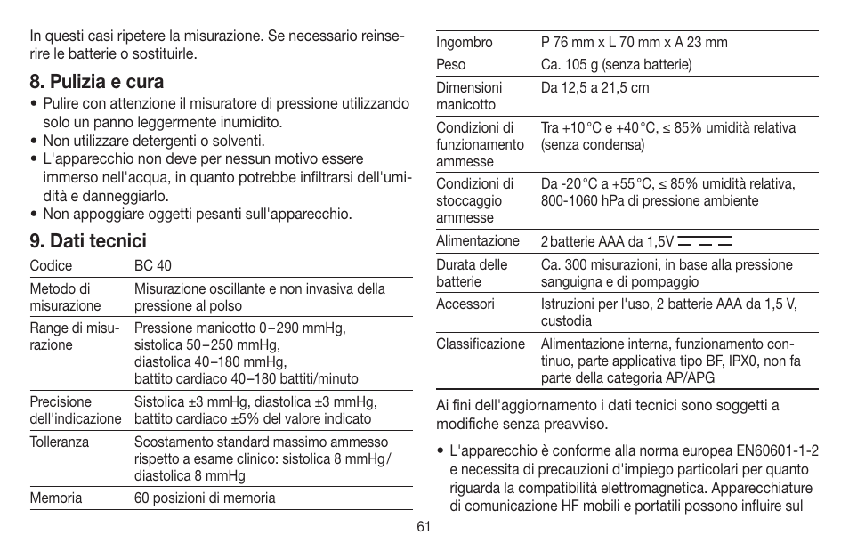 Pulizia e cura, Dati tecnici | Beurer BC 40 User Manual | Page 61 / 104