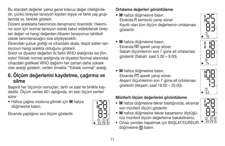 Ölçüm değerlerini kaydetme, çağırma ve silme | Beurer BC 40 User Manual | Page 71 / 104