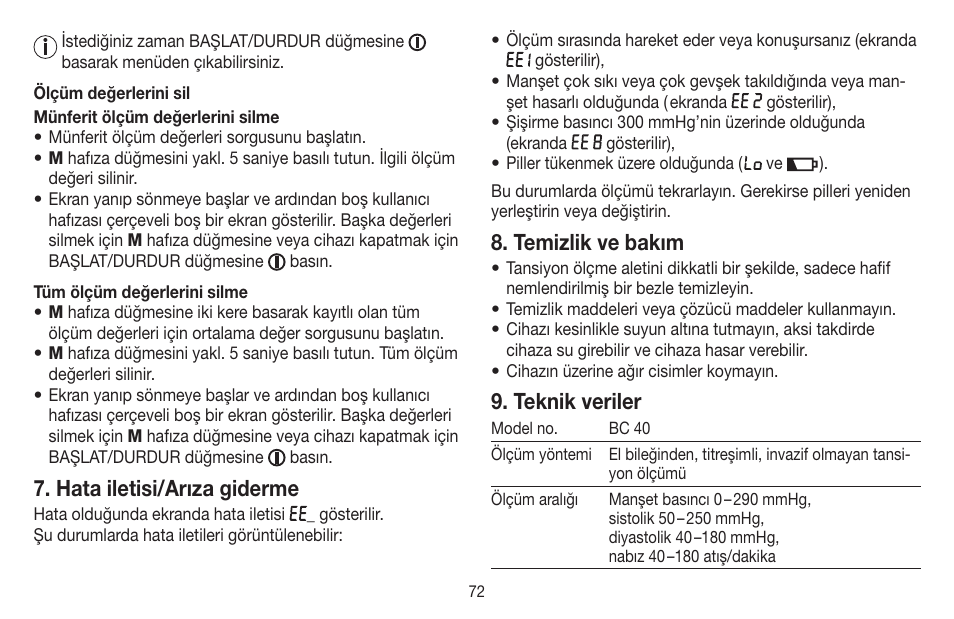 Hata iletisi/arıza giderme, Temizlik ve bakım, Teknik veriler | Beurer BC 40 User Manual | Page 72 / 104