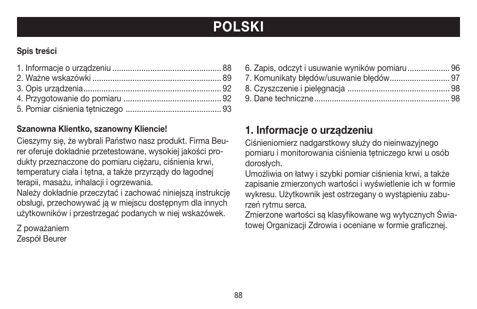 Polski, Informacje o urządzeniu | Beurer BC 40 User Manual | Page 88 / 104