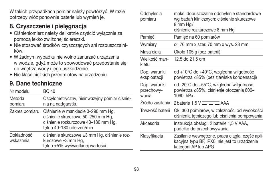 Czyszczenie i pielęgnacja, Dane techniczne | Beurer BC 40 User Manual | Page 98 / 104