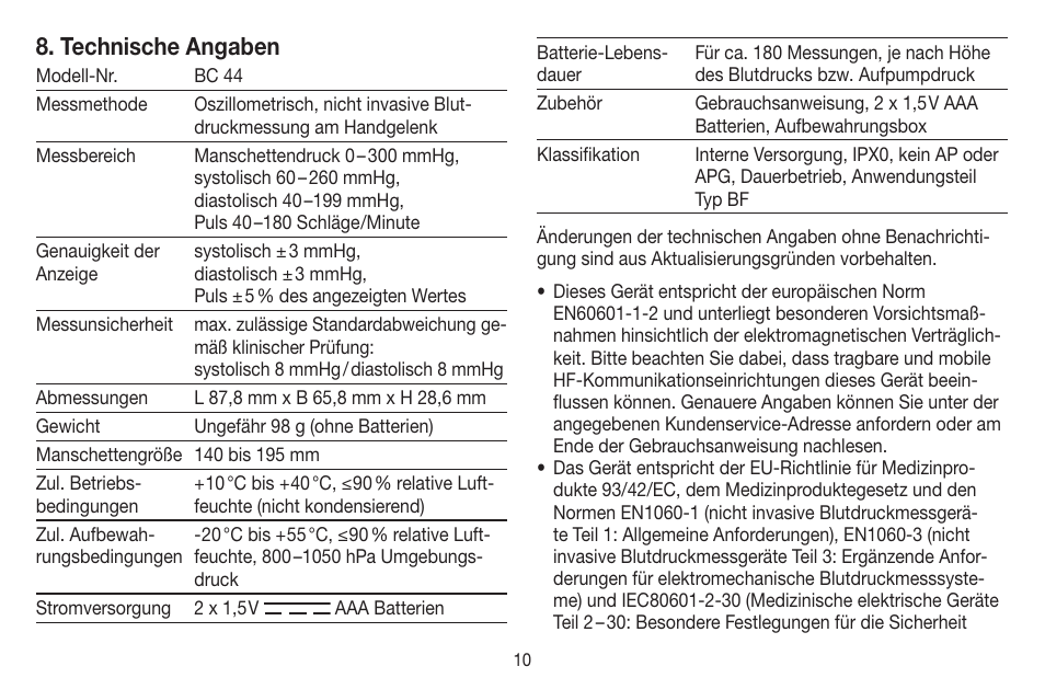 Technische angaben | Beurer BC 44 User Manual | Page 10 / 84