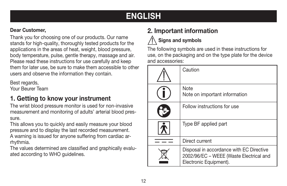 English, Getting to know your instrument, Important information | Beurer BC 44 User Manual | Page 12 / 84