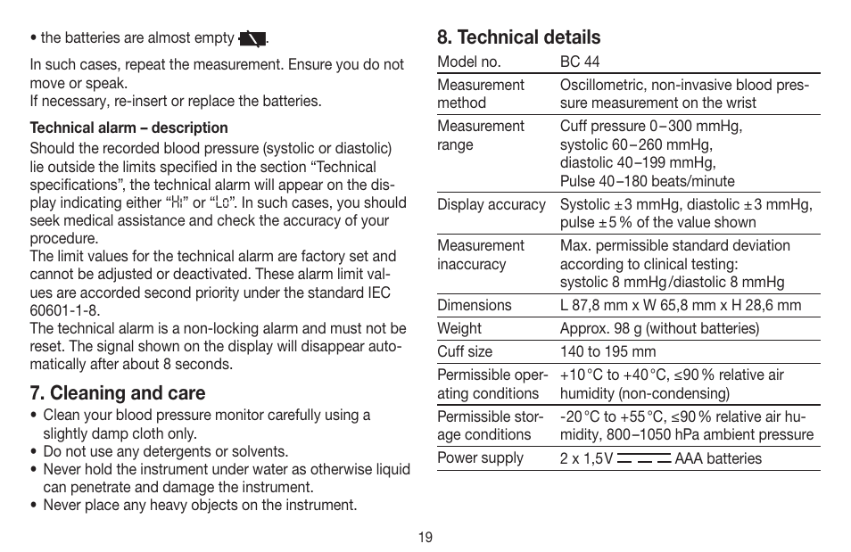 Cleaning and care, Technical details | Beurer BC 44 User Manual | Page 19 / 84