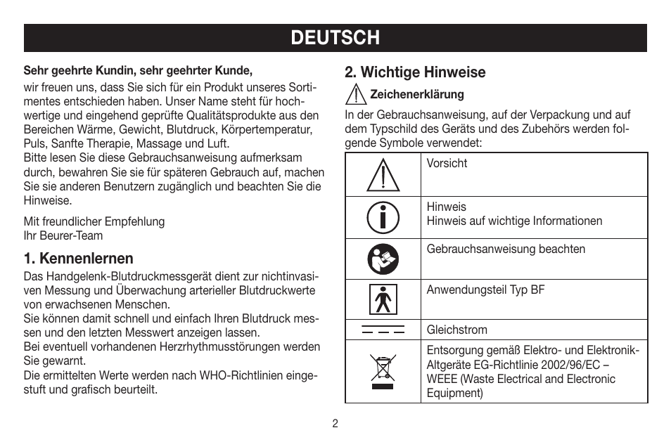 Deutsch, Kennenlernen, Wichtige hinweise | Beurer BC 44 User Manual | Page 2 / 84