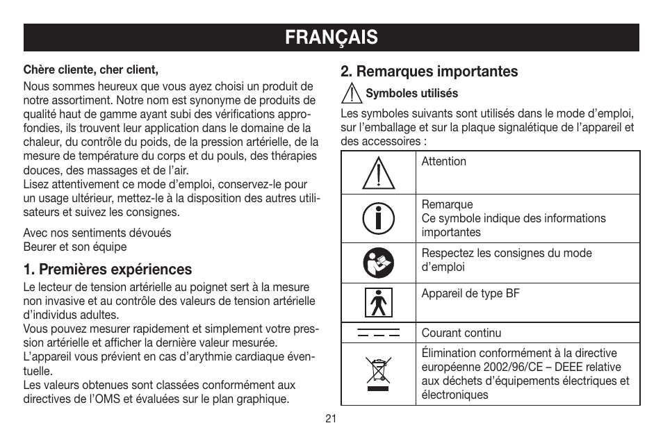 Français, Premières expériences, Remarques importantes | Beurer BC 44 User Manual | Page 21 / 84