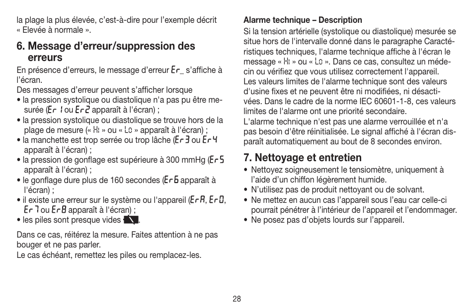 Message d’erreur /suppression des erreurs, Nettoyage et entretien | Beurer BC 44 User Manual | Page 28 / 84