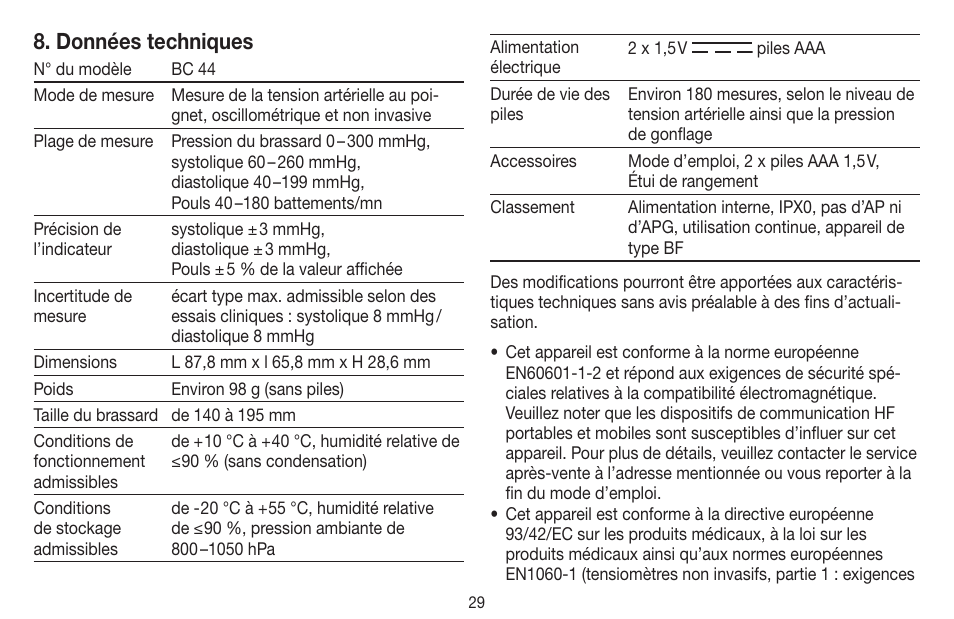 Données techniques | Beurer BC 44 User Manual | Page 29 / 84