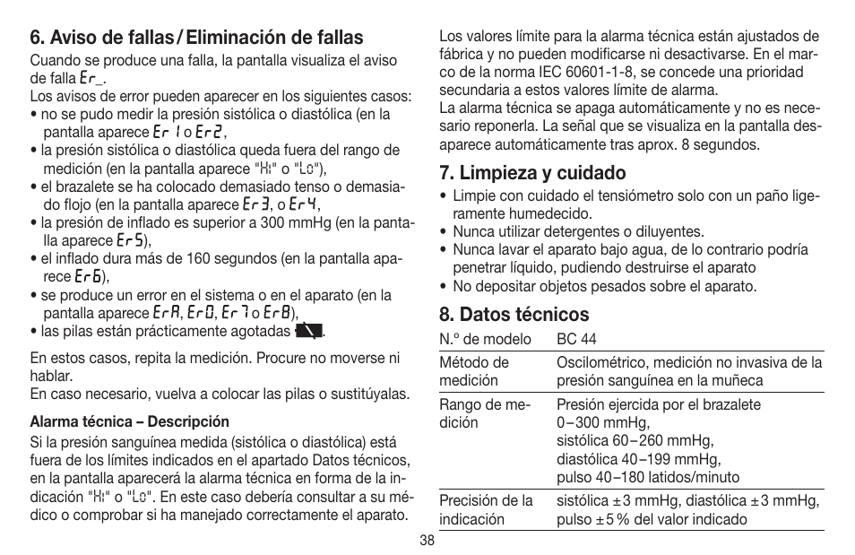 Aviso de fallas / eliminación de fallas, Limpieza y cuidado, Datos técnicos | Beurer BC 44 User Manual | Page 38 / 84