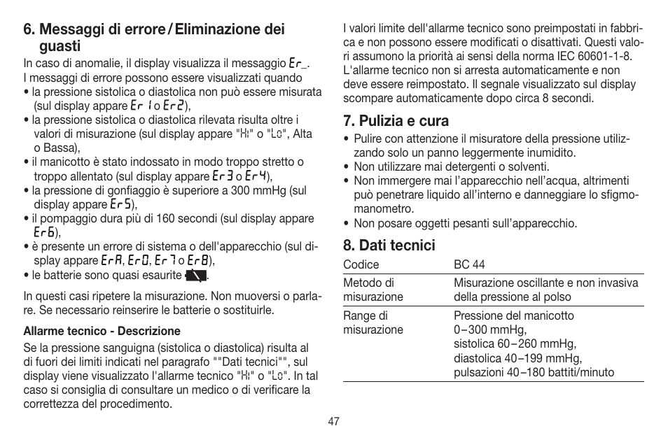 Messaggi di errore / eliminazione dei guasti, Pulizia e cura, Dati tecnici | Beurer BC 44 User Manual | Page 47 / 84