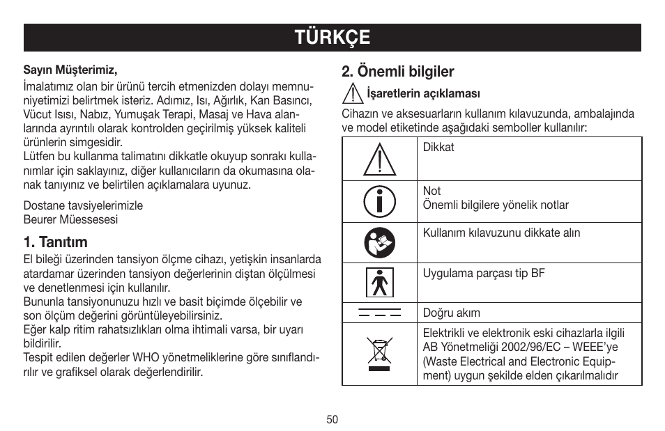 Türkçe, Tanıtım, Önemli bilgiler | Beurer BC 44 User Manual | Page 50 / 84