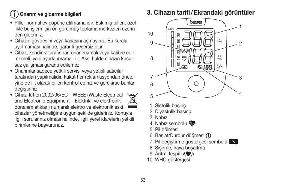 Cihazın tarifi / ekrandaki görüntüler | Beurer BC 44 User Manual | Page 53 / 84