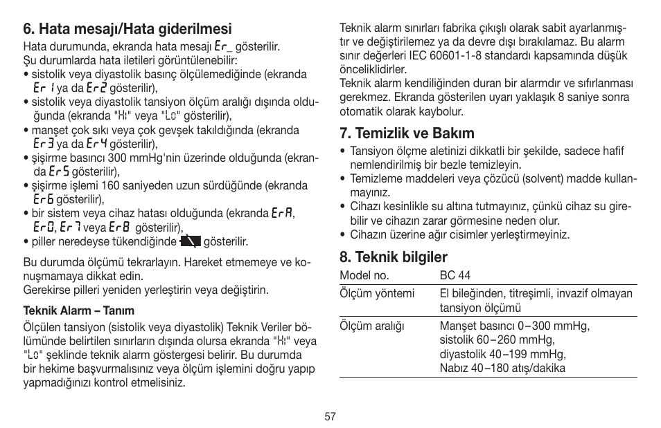 Hata mesajı/hata giderilmesi, Temizlik ve bakım, Teknik bilgiler | Beurer BC 44 User Manual | Page 57 / 84