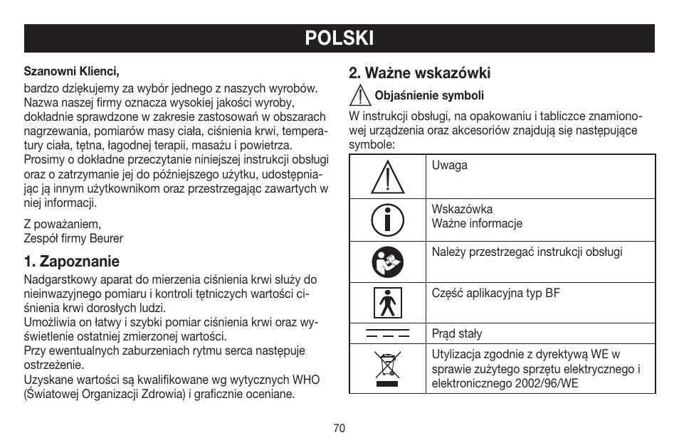 Polski, Zapoznanie, Ważne wskazówki | Beurer BC 44 User Manual | Page 70 / 84