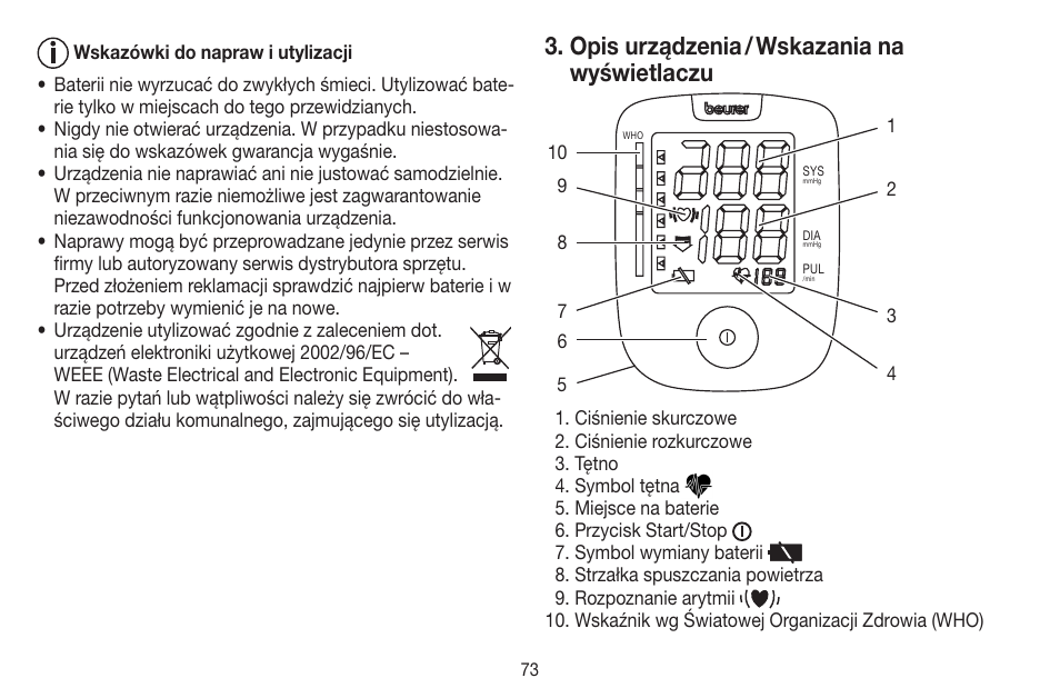 Opis urządzenia / wskazania na wyświetlaczu | Beurer BC 44 User Manual | Page 73 / 84