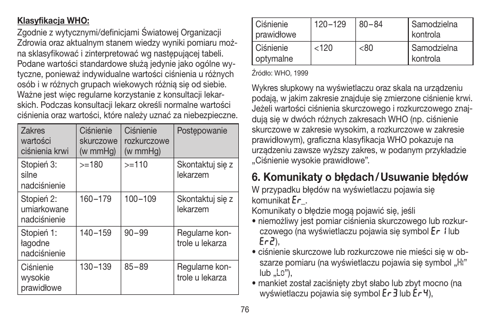 Komunikaty o błędach / usuwanie błędów | Beurer BC 44 User Manual | Page 76 / 84