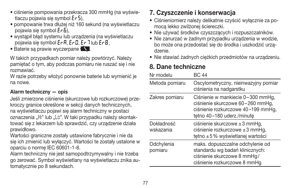 Czyszczenie i konserwacja, Dane techniczne | Beurer BC 44 User Manual | Page 77 / 84