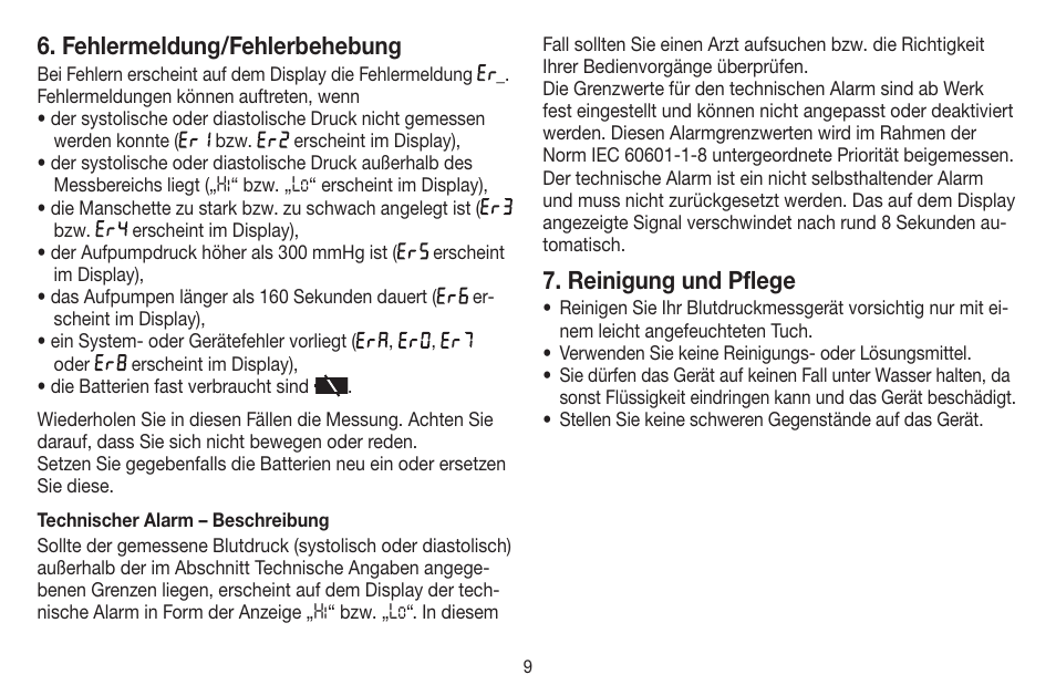 Fehlermeldung/fehlerbehebung, Reinigung und pflege | Beurer BC 44 User Manual | Page 9 / 84