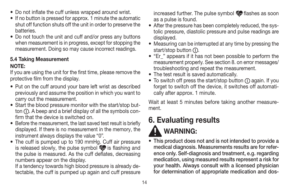 Evaluating results, Warning | Beurer BC 44 User Manual | Page 14 / 44