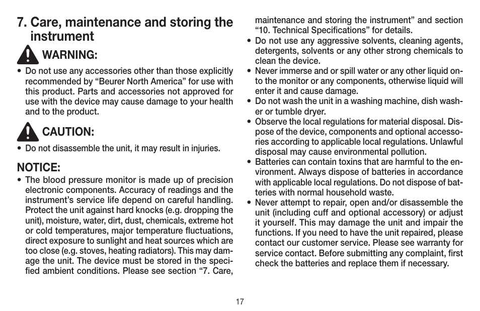 Care, maintenance and storing the instrument | Beurer BC 44 User Manual | Page 17 / 44