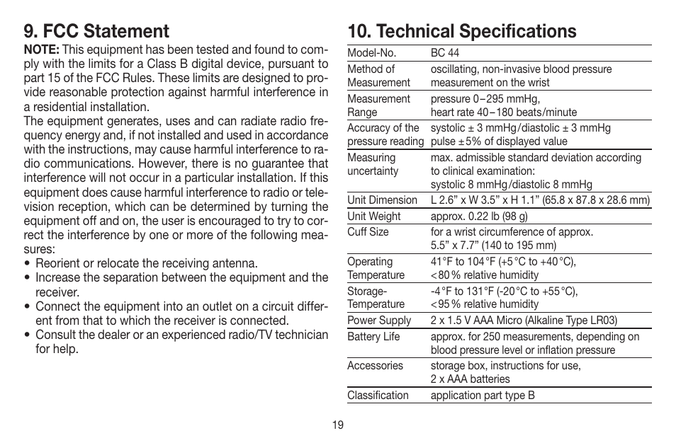 Fcc statement, Technical specifications | Beurer BC 44 User Manual | Page 19 / 44