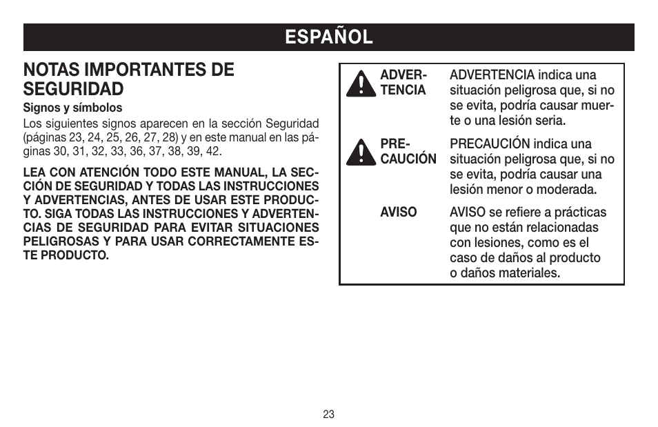 Español, Notas importantes de seguridad | Beurer BC 44 User Manual | Page 23 / 44