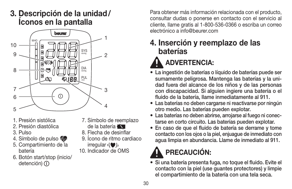 Descripción de la unidad / íconos en la pantalla, Inserción y reemplazo de las baterías, Advertencia | Precaución | Beurer BC 44 User Manual | Page 30 / 44