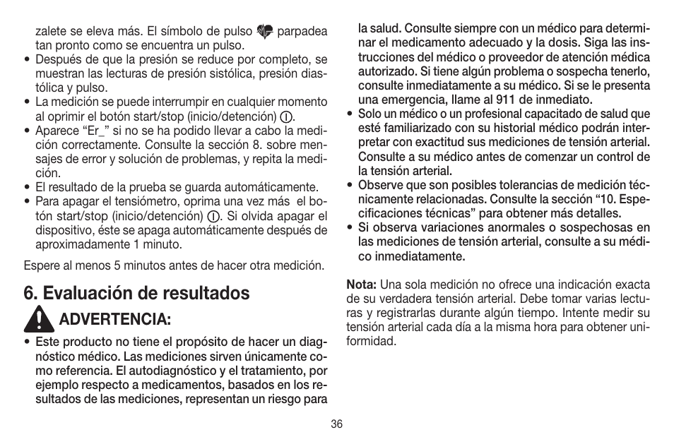 Evaluación de resultados, Advertencia | Beurer BC 44 User Manual | Page 36 / 44