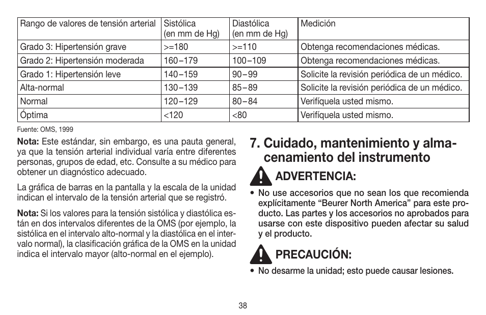 Advertencia, Precaución | Beurer BC 44 User Manual | Page 38 / 44