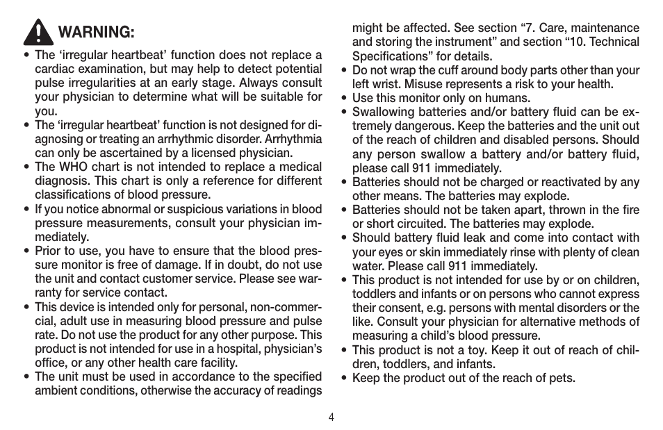 Warning | Beurer BC 44 User Manual | Page 4 / 44