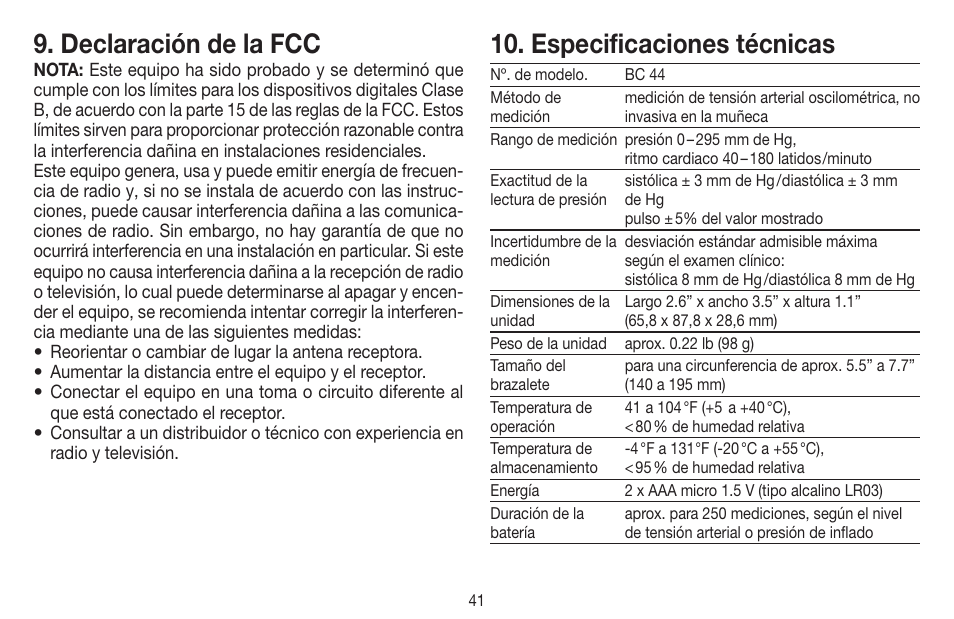 Declaración de la fcc, Especificaciones técnicas | Beurer BC 44 User Manual | Page 41 / 44