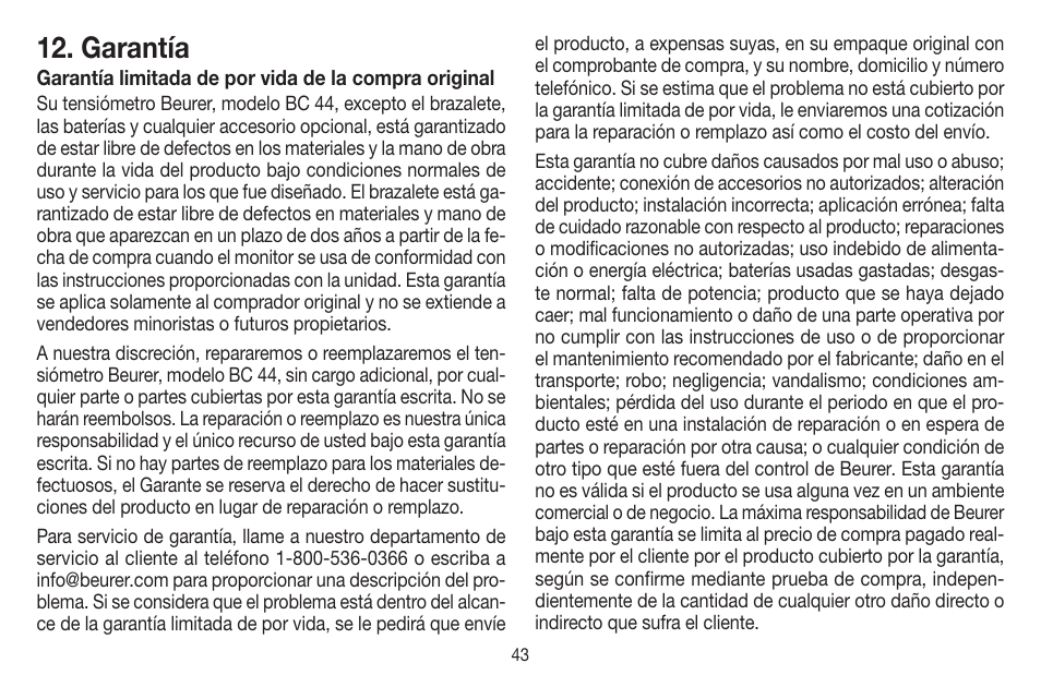 Garantía | Beurer BC 44 User Manual | Page 43 / 44