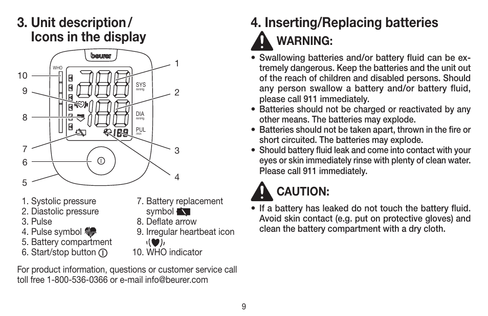 Unit description / icons in the display, Inserting/replacing batteries, Warning | Caution | Beurer BC 44 User Manual | Page 9 / 44