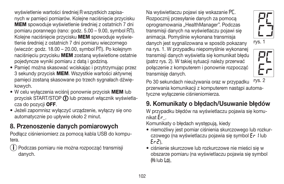 Przenoszenie danych pomiarowych, Komunikaty o błędach/usuwanie błędów | Beurer BC 58 User Manual | Page 102 / 108