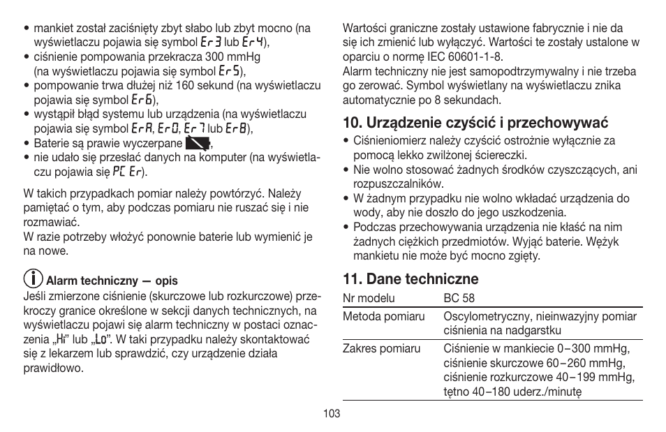 Urządzenie czyścić i przechowywać, Dane techniczne | Beurer BC 58 User Manual | Page 103 / 108