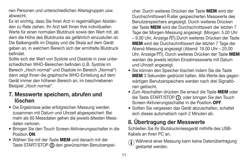 Messwerte speichern, abrufen und löschen, Übertragung der messwerte | Beurer BC 58 User Manual | Page 11 / 108