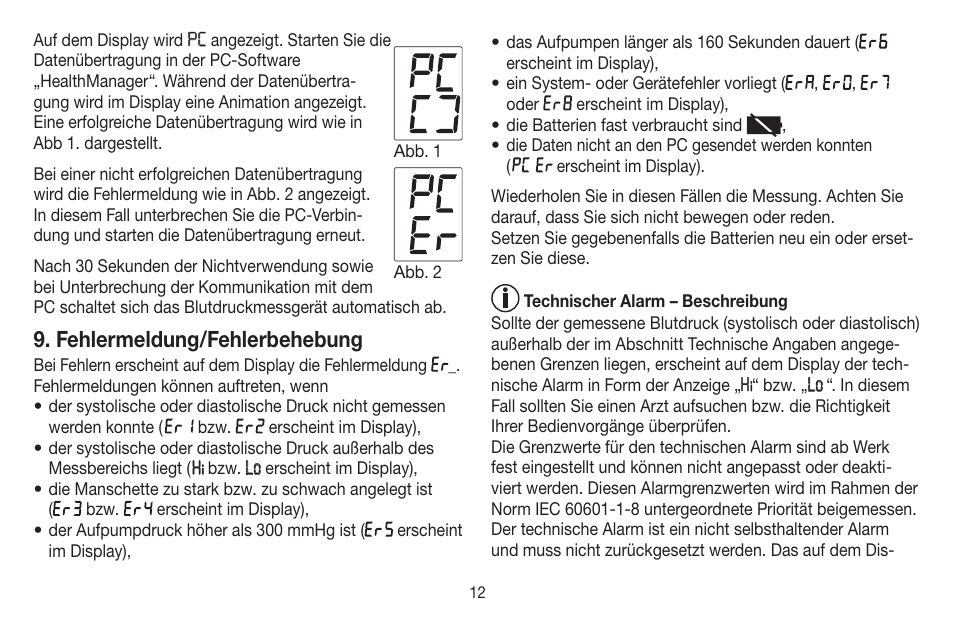 Fehlermeldung/fehlerbehebung | Beurer BC 58 User Manual | Page 12 / 108