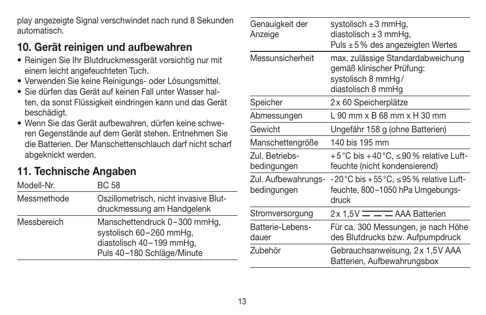 Gerät reinigen und aufbewahren, Technische angaben | Beurer BC 58 User Manual | Page 13 / 108