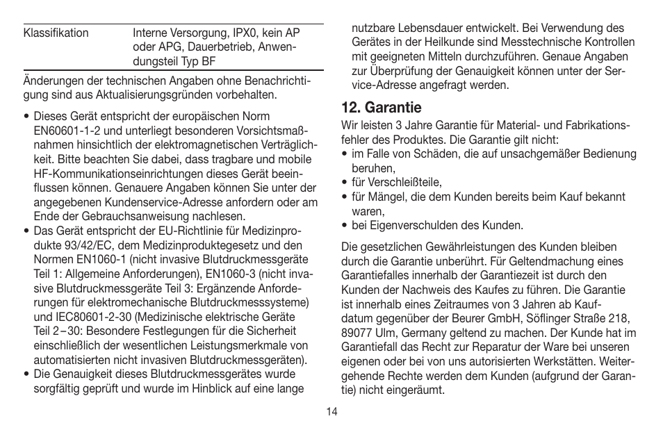 Garantie | Beurer BC 58 User Manual | Page 14 / 108