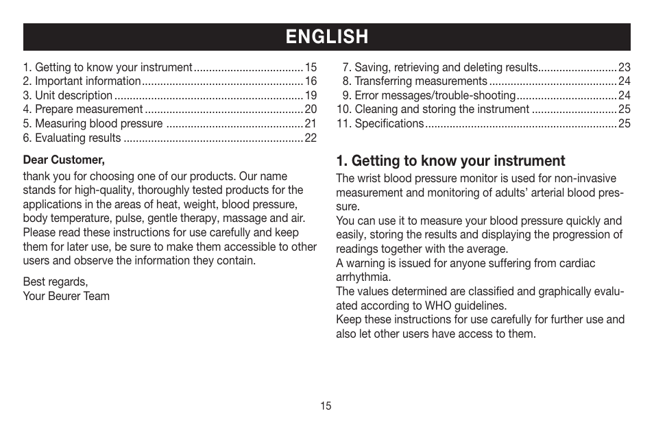 English, Getting to know your instrument | Beurer BC 58 User Manual | Page 15 / 108