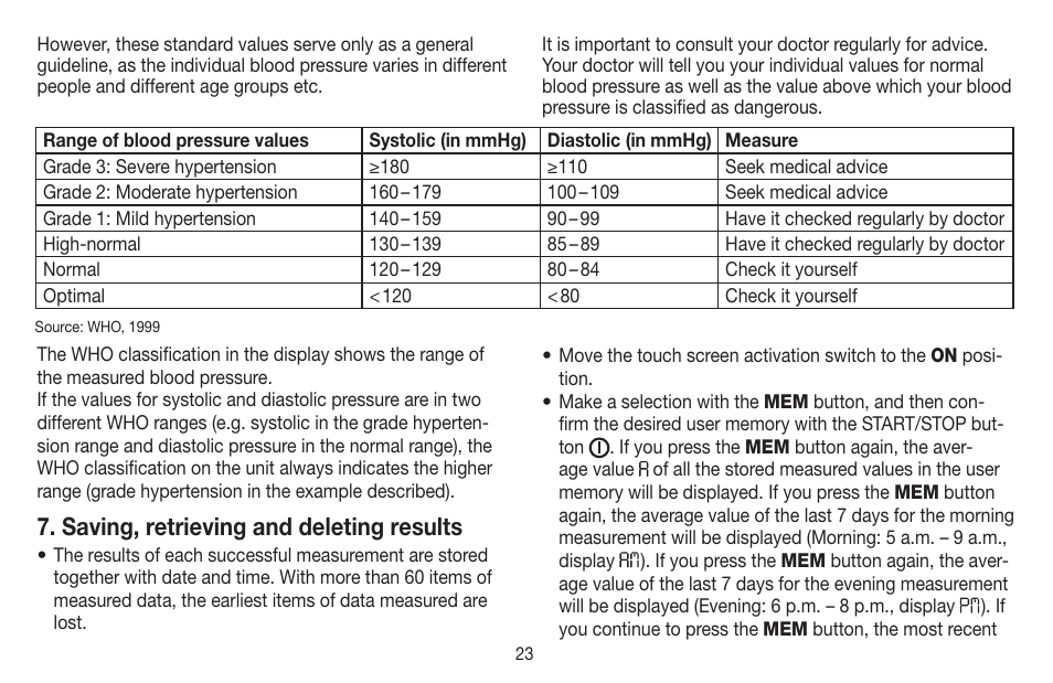 Saving, retrieving and deleting results | Beurer BC 58 User Manual | Page 23 / 108