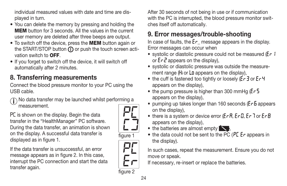 Transferring measurements, Error messages/trouble-shooting | Beurer BC 58 User Manual | Page 24 / 108