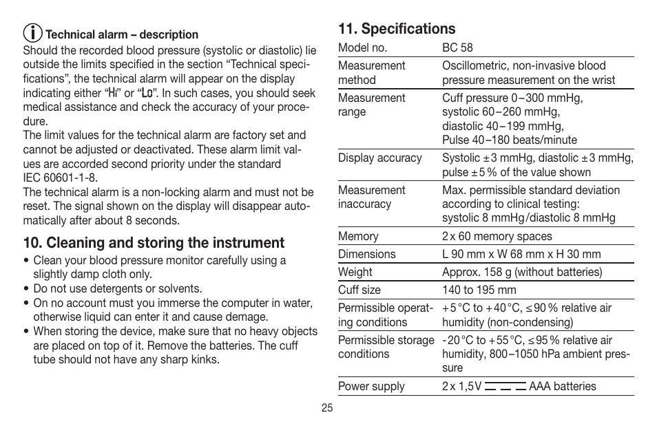 Cleaning and storing the instrument, Specifications | Beurer BC 58 User Manual | Page 25 / 108